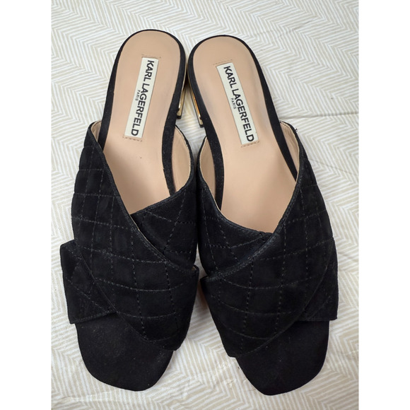 Karl Lagerfield Paris Rae Black Quilted Leather Upper Slides Size 8.5M - Picture 6 of 10